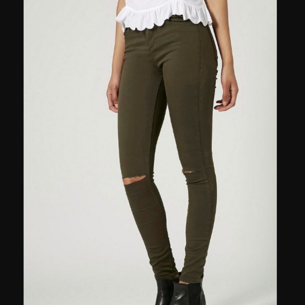 TOPSHOP Moto Dark Khaki Leigh Ripped Jeans